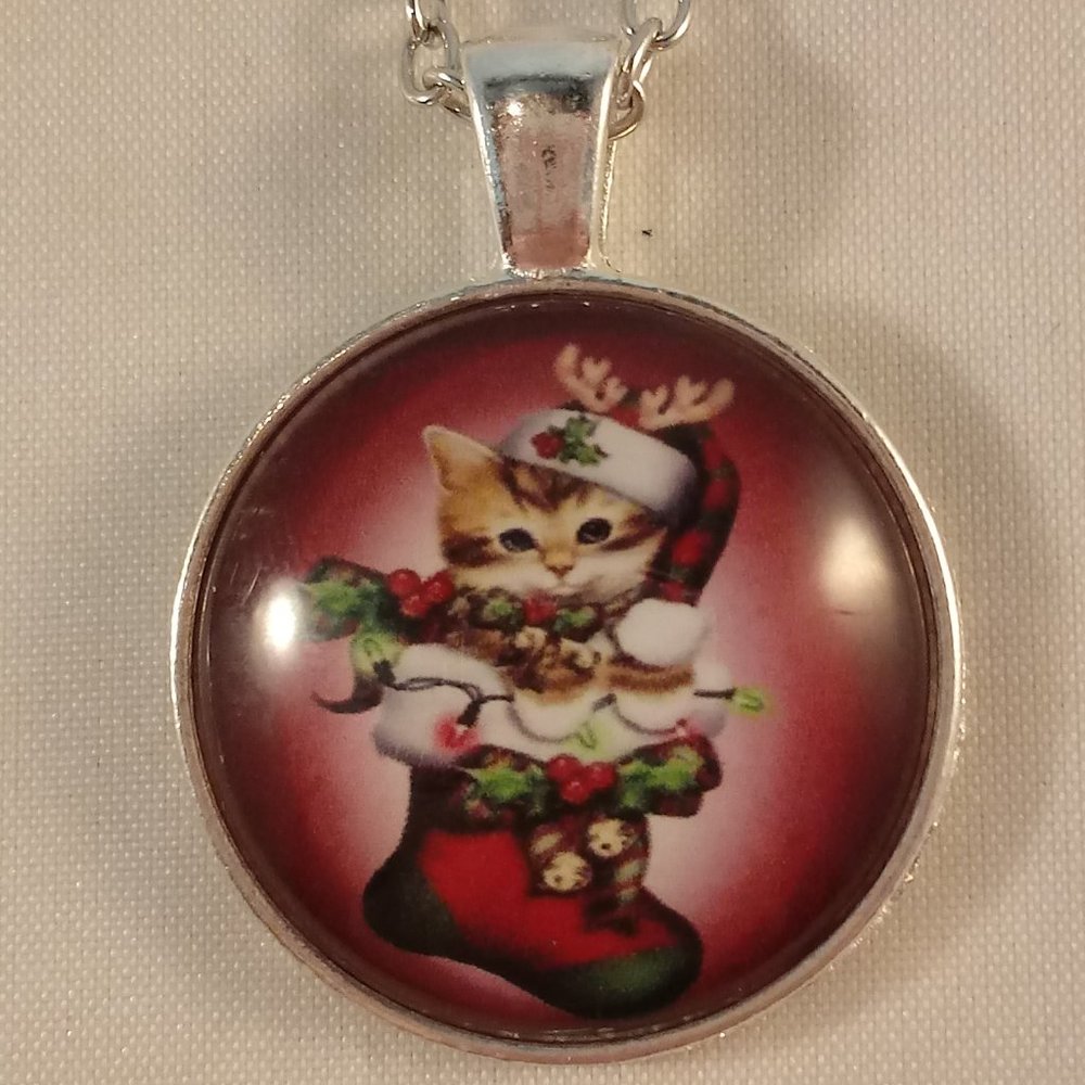 Silver Cat Christmas Stocking Cabochon Pendant Necklace 20" Party Gift